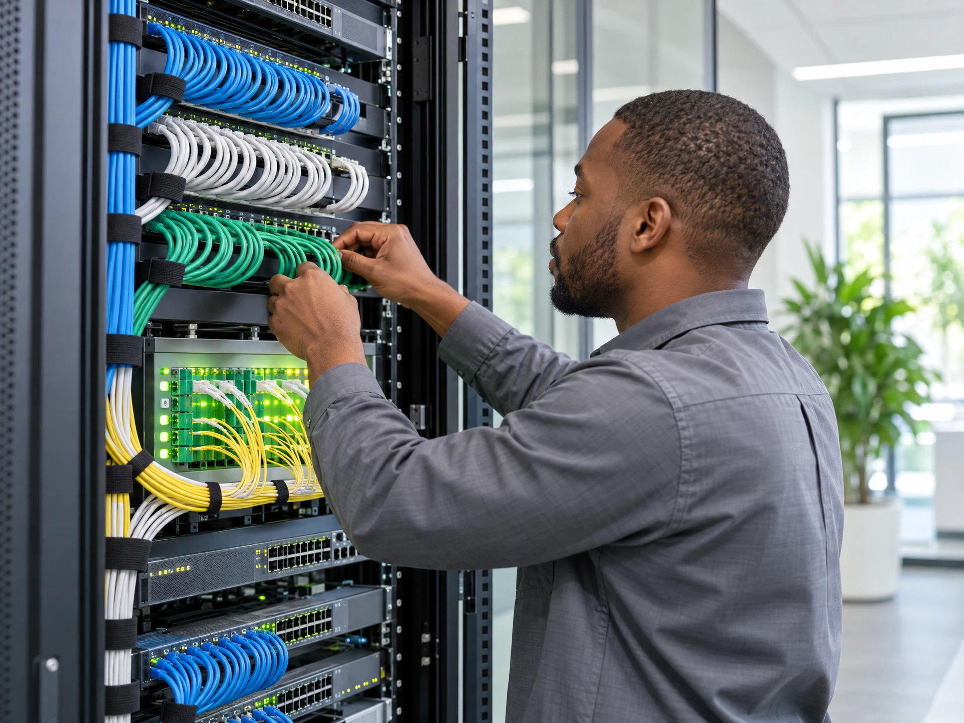 Enterprise network rack with structured cabling and fiber connections