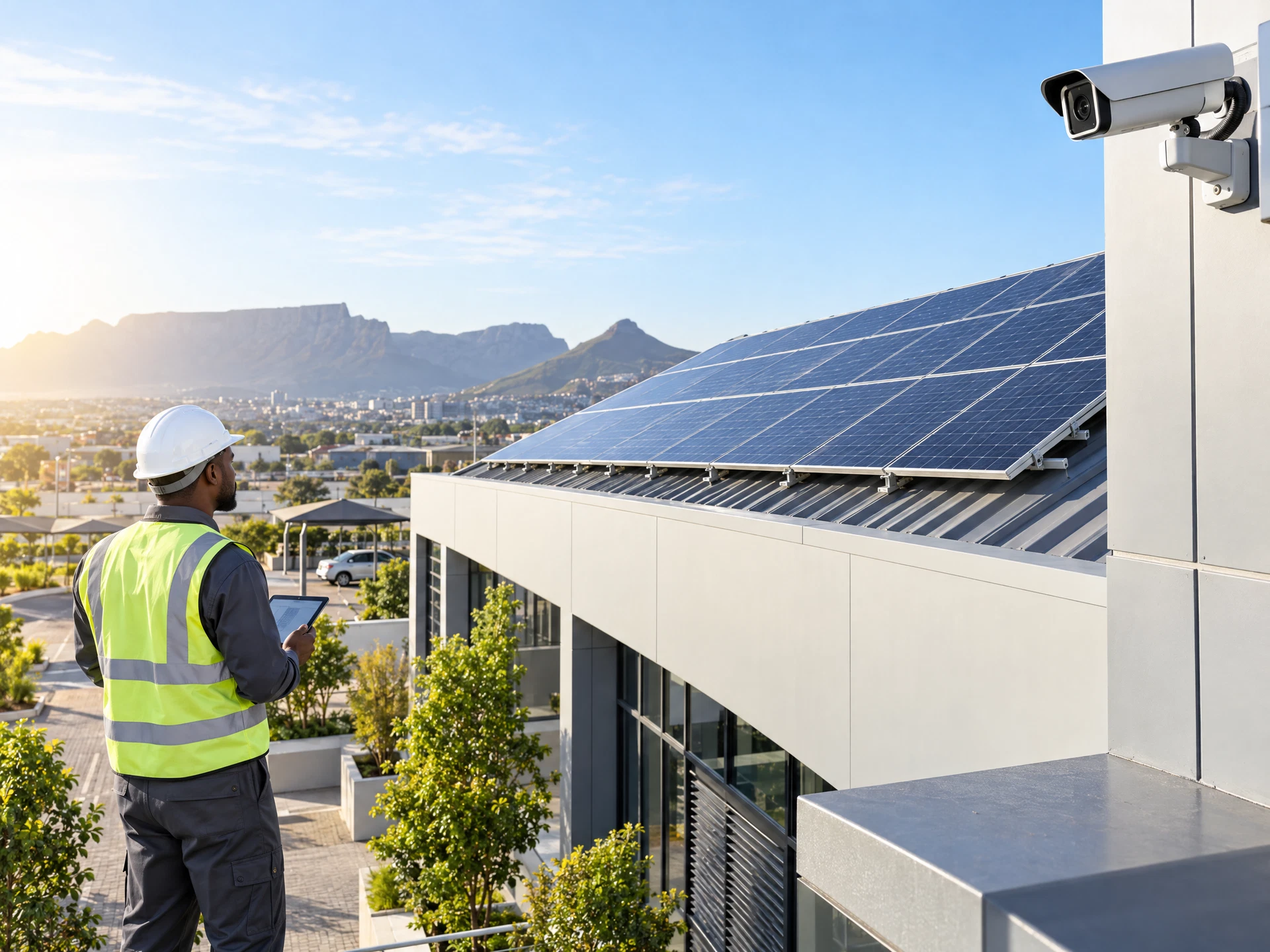 Commercial solar panels and security camera installation